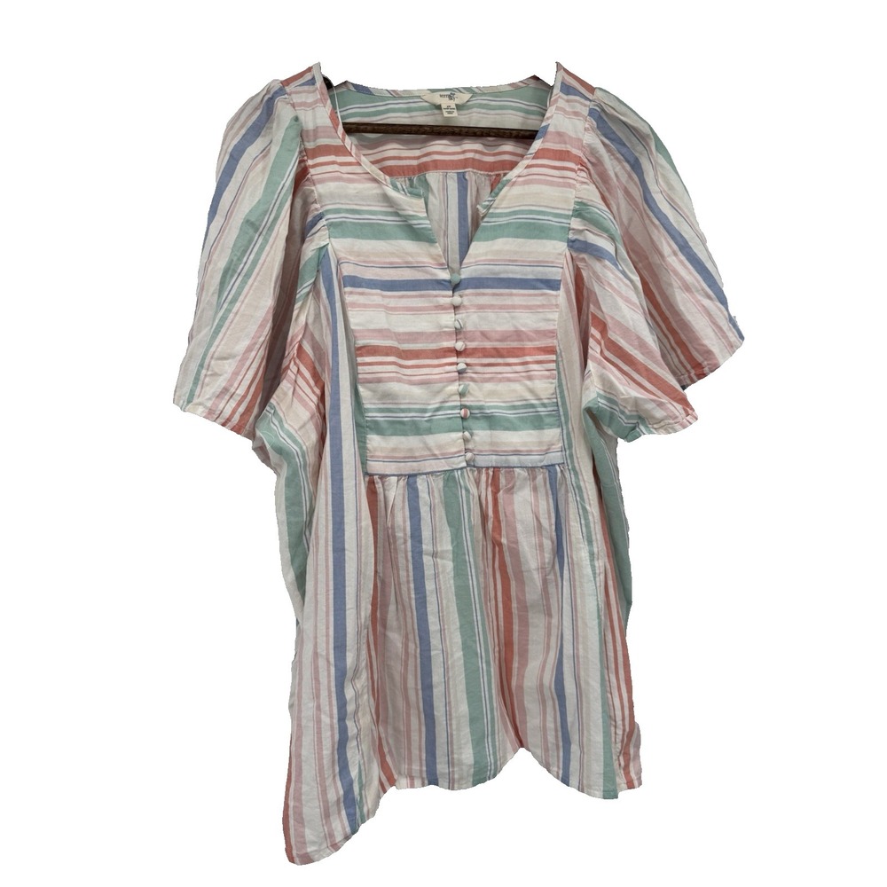 Pastel Multicolor Striped Cotton Plus Size Blouse 2X Short Sleeve Button up